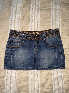 Blue Denim Mini Skirt with Embroidered Waist Detailing
